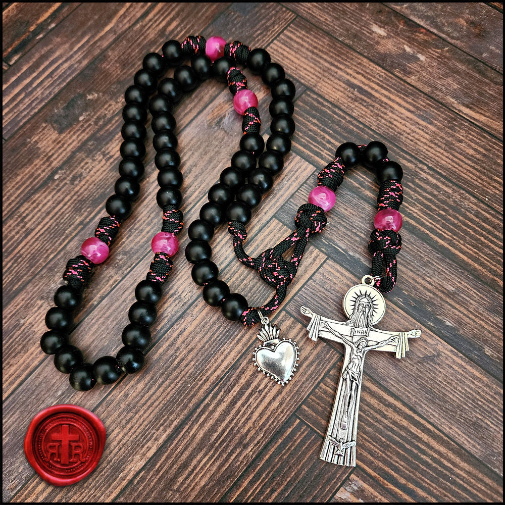 Sacred Heart Rosary - Pink and Black - Cancer Awareness