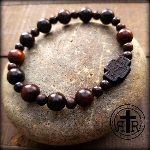 Dark Wood Rosary Bracelet with Custom Saint Medal - Rugged Rosaries®
