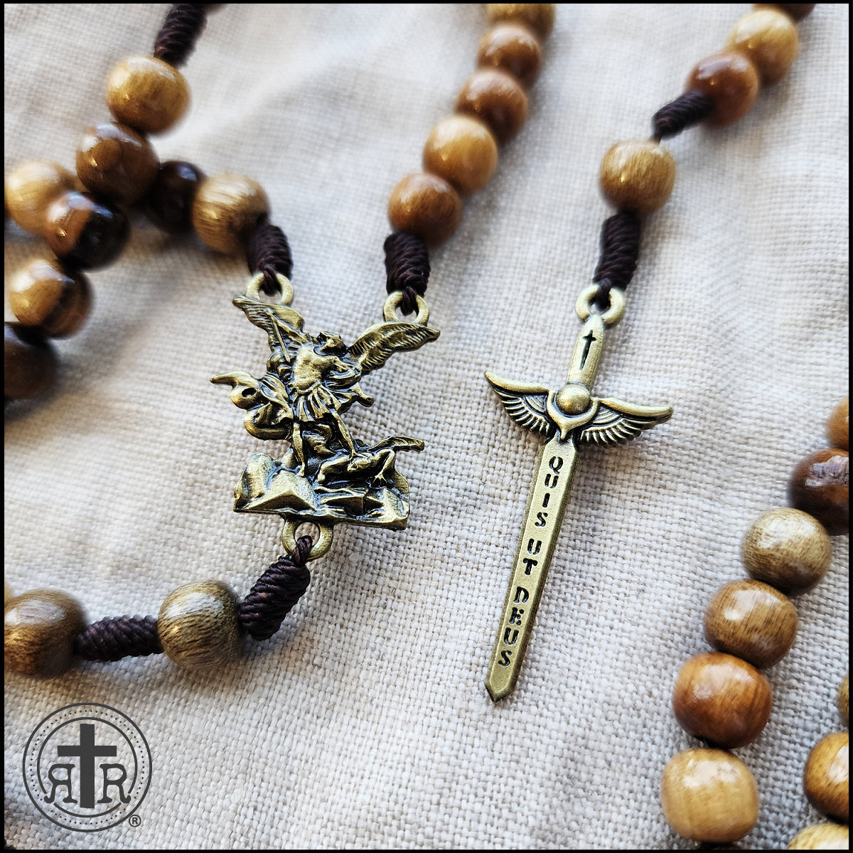 St. Michael Wood Rosary Necklace with Toggle Clasp - Catholic Gifts