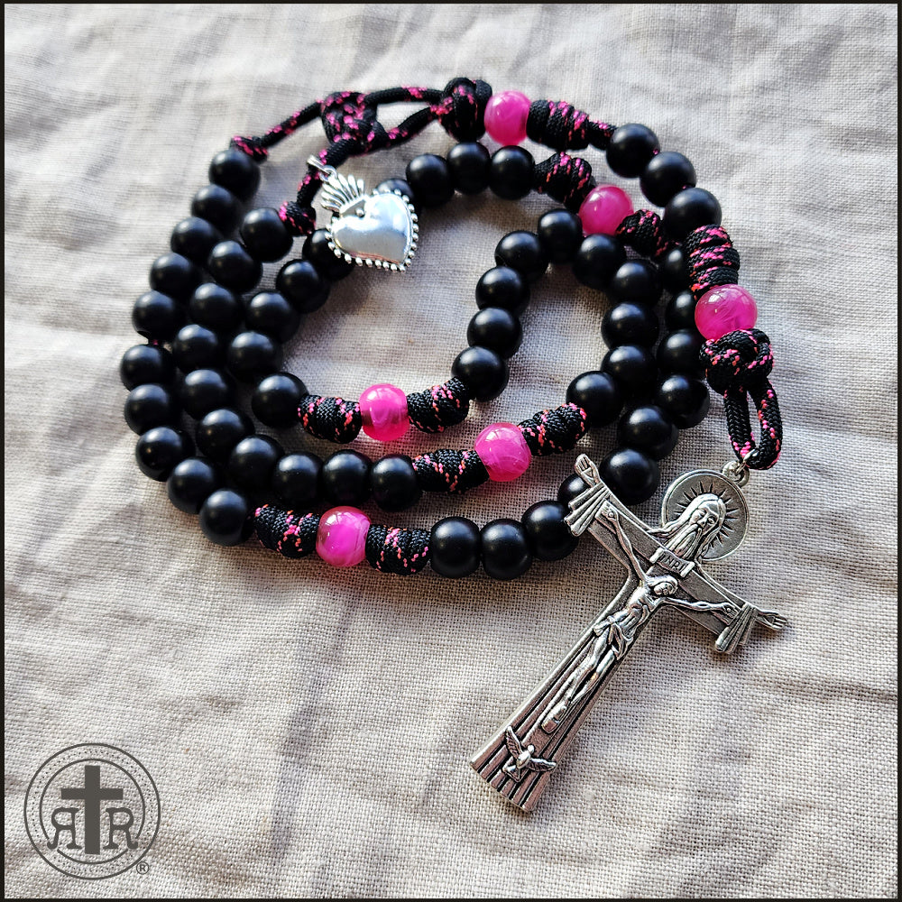 Sacred Heart Rosary Pink Black Catholic Gift Cancer