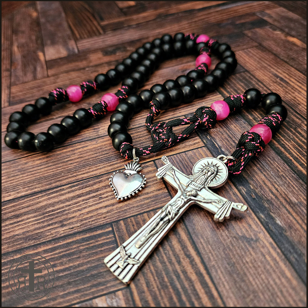 Sacred Heart Rosary - Pink and Black - Cancer Awareness - Valentines Day