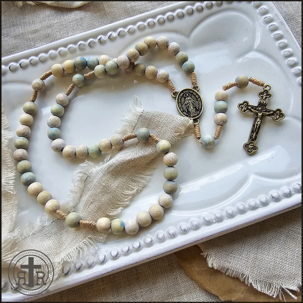Softly Stained Wooden Rosary - Beautiful Ivory and Pale Blue Beads
