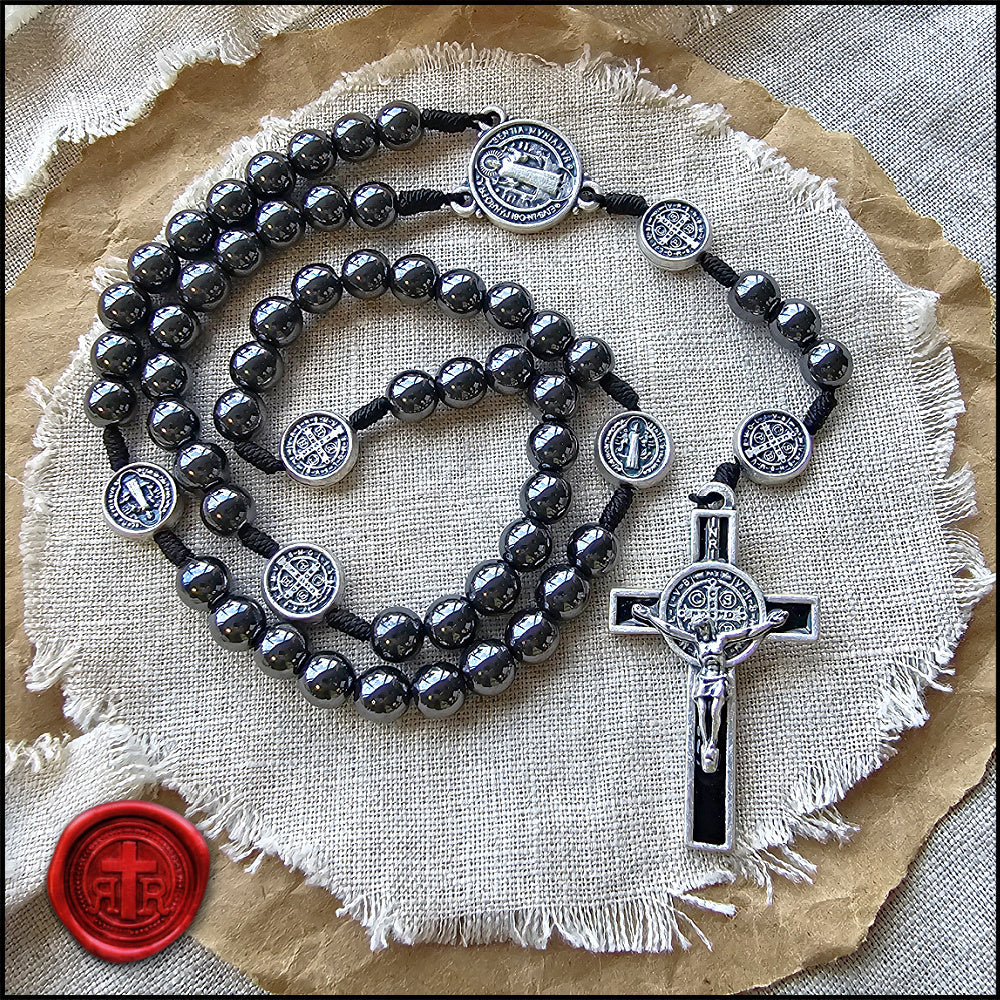 Hematite St. Benedict Rosary - Dark Glossy Beads that feel so Comfortable