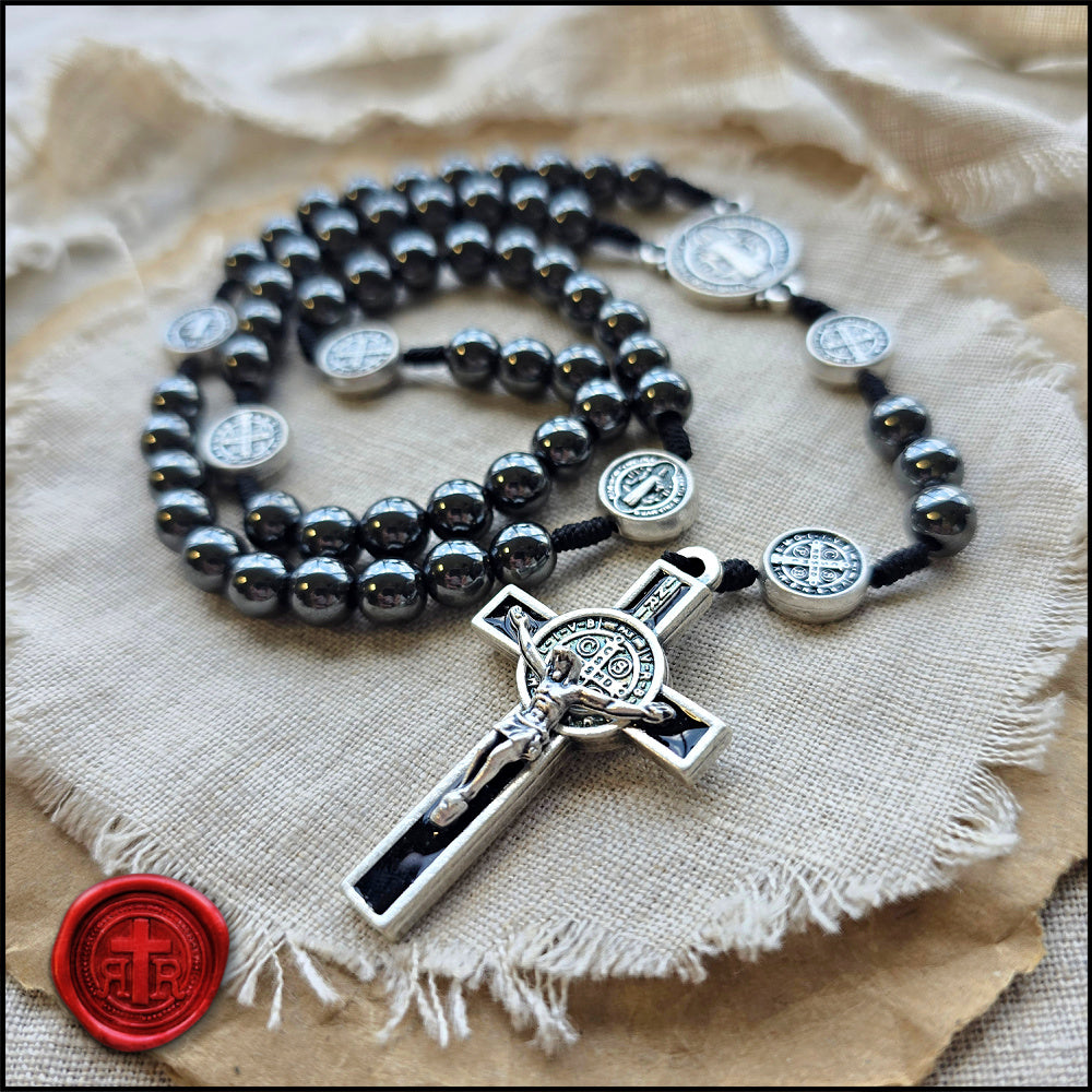 Hematite St. Benedict Rosary - Dark Glossy Beads that feel so Comfortable