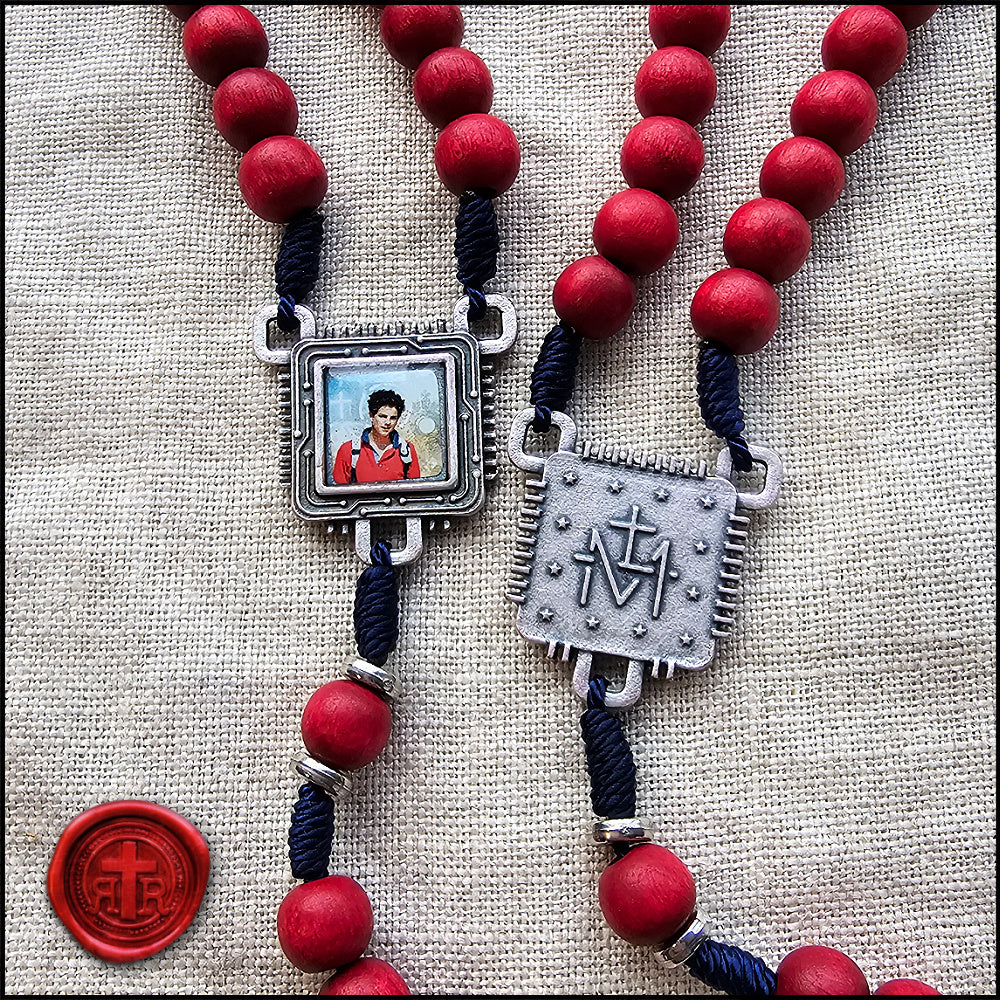Red Wooden Carlo Acutis Rosary - Patron Saint of Computers and the Internet