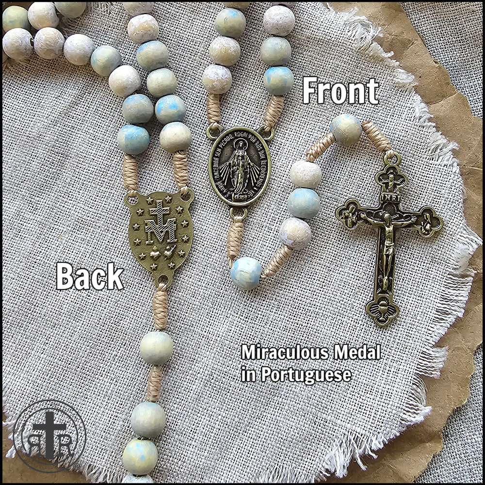 Softly Stained Wooden Rosary - Beautiful Ivory and Pale Blue Beads