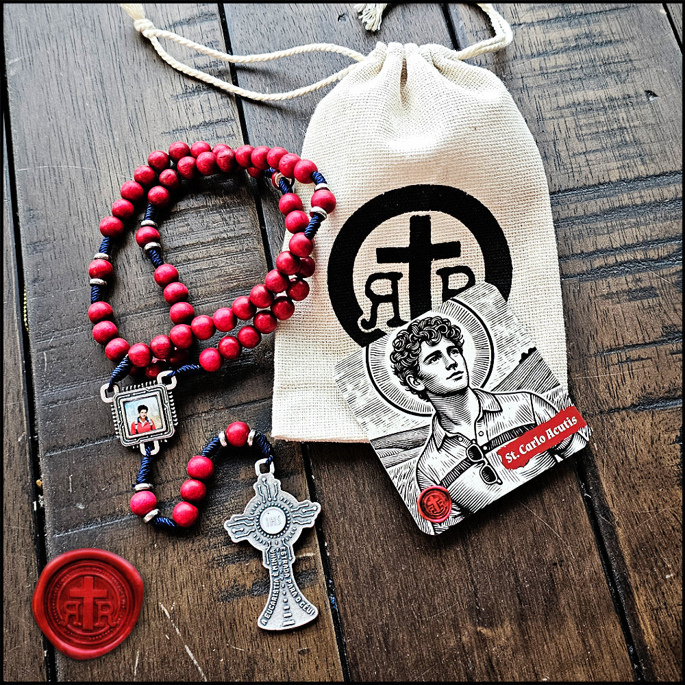 Red Wooden Carlo Acutis Rosary - Patron Saint of Computers and the Internet