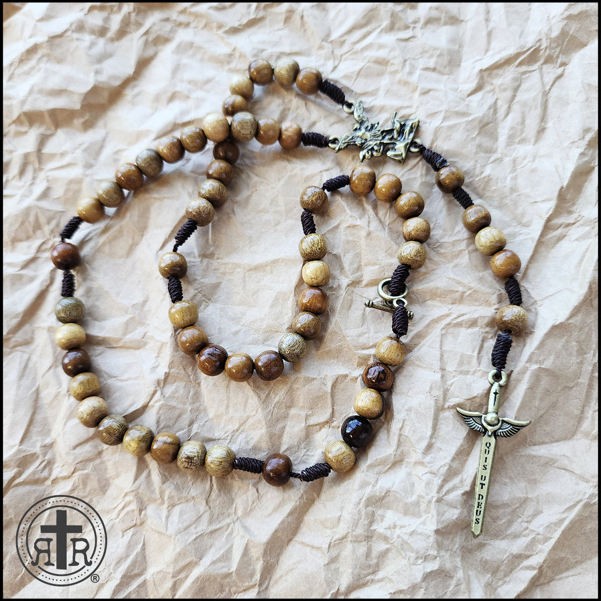 St. Michael Wood Rosary Necklace with Toggle Clasp - Catholic Gifts