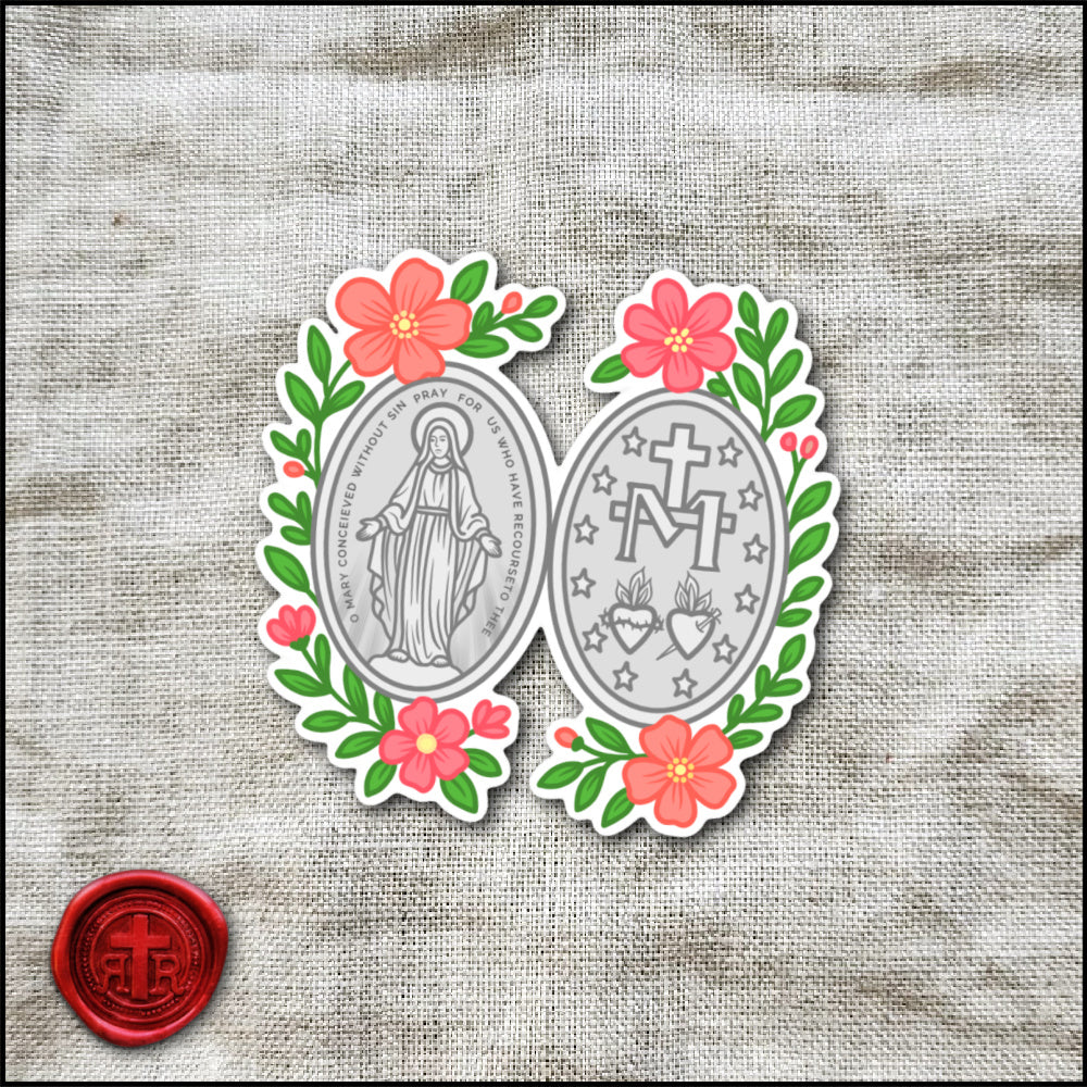 Floral Miraculous Medal - Catholic Faith Stickers