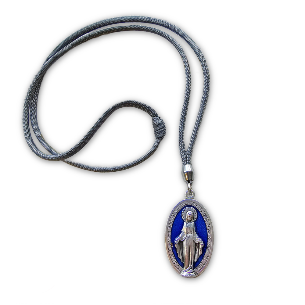 Catholic Miraculous Necklace Beautiful Blue Color Adjustable Cord Rugged Rosaries