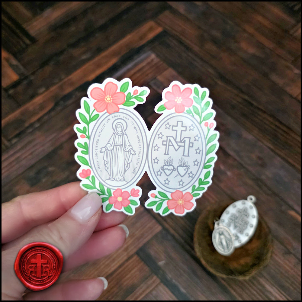 Floral Miraculous Medal - Catholic Faith Stickers