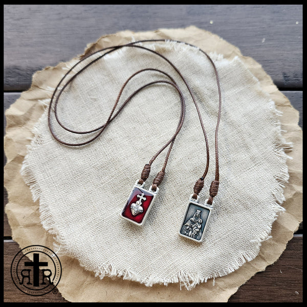 Red Enamel Scapular with Brown Wool Inserts - Catholic Gear - Rugged Rosary
