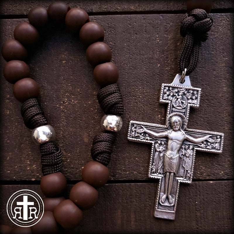Seven Decade Franciscan Crown Rosary With White Cord, Brown Wooden Beads