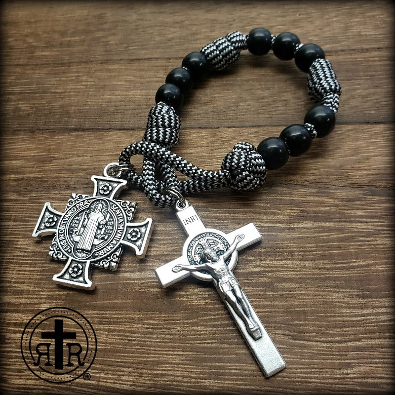 Handmade Paracord Rosary Necklace With St. Benedict Medal – Bronze & Black