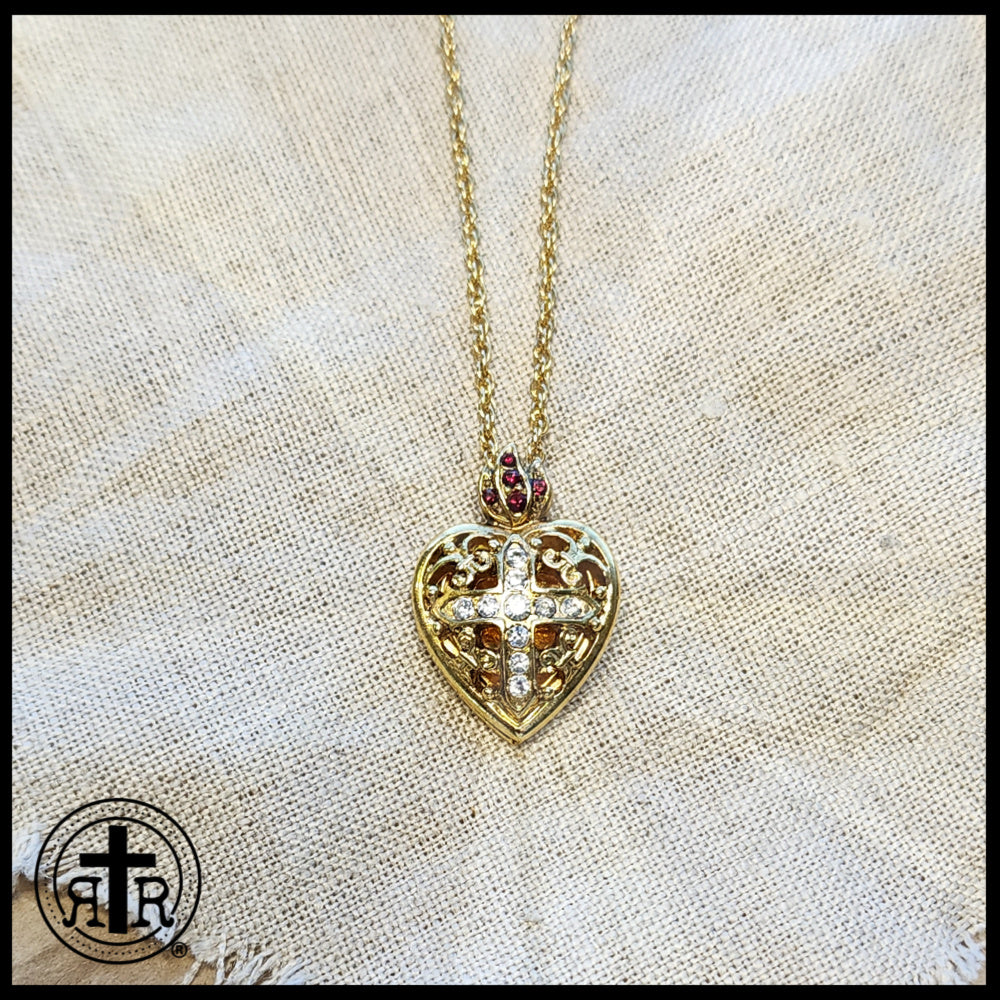 Holy Locket Pattern Gorgeous Gold Dipped and Crystal Sacred Heart Locket Necklace ...