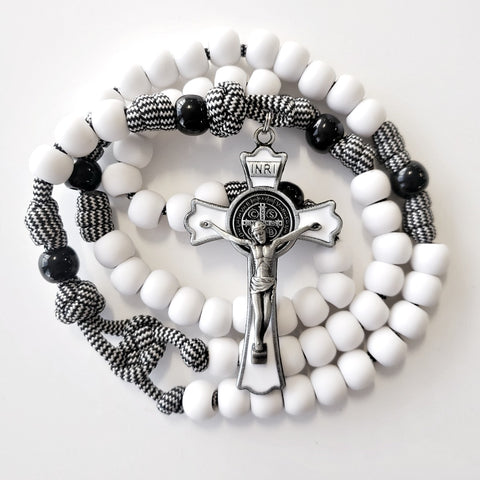 Beautiful but Rugged Rosary in White with Black Our Father Beads