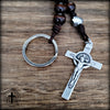 NEW! Leather, Wood, Silver St. Benedict Tenner Rosary - With Keyring