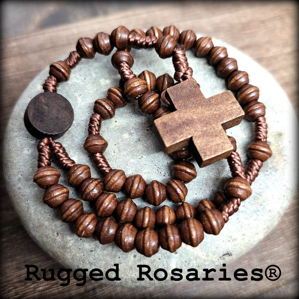 Wooden Carved Bead Stretch Rosary Bracelet - Light Brown/Dark Brown